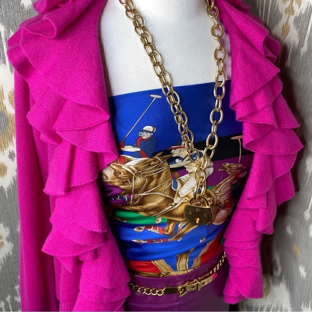 Ralph Lauren Blue Label Fuchsia Italian Cashmere Ruffle Front Cardigan Sweater - Picture 2 of 16